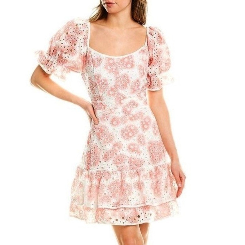 Stellah Pink White Floral Cotton Eyelet Lace Dress Puff‎ Sleeve Tiered Mini Med
